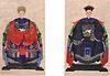 Two Large Chinese Ancestral Portraits
both watercolor on paper
one figure in red, the other in blue, both having four claw dragon details on their rob