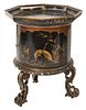 Chinese Black Lacquered One Door Stand
having octagon top over drum form case with one door, painted with crane and rabbits
height 31 inches, diameter
