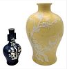 Two Chinese Porcelain Pate-Sur-Pate Vases
yellow glazed with blossoming apple tree and birds having drilled bottom
along with dark blue glazed vase wi