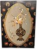 Pair of Inlaid Lacquer Panels
in vertical rectangular form having heavy gold, bone, and mother of pearl inlays
depicting a Chinese vase with flowers a