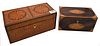Two Federal Tea Boxes
to include one tiger maple
height 5 1/2 inches, width 11 3/4 inches
along with one mahogany having conch shell inlays
height 4 3