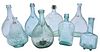 Group of Eight Aquamarine Handblown Flasks
to include sheath of wheat summer tree bottle, Chace and Duncan, New York barrel bottle, Father of His Coun