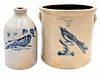 Two Piece Stoneware Lot
having cobalt bird detail, not marked
(as is with missing handle)
along with a five gallon Seymour crock having cobalt bird de