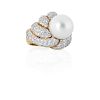 SOUTH SEA PEARL AND DIAMOND YELLOW GOLD RING