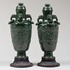 Pair of Chinese Spinach Jade Vases and Covers