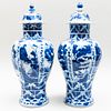 Pair of Chinese Blue and White Porcelain Baluster Vases and Covers