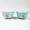 Pair of Chinese Turquoise Glazed Porcelain Bowls Decorated with Figures
