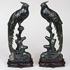 Pair of Chinese Spinach Green Hardstone Carvings of Birds