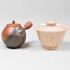 Japanese Glazed Earthenware Rice Bowl and Cover and a Burnished Pottery Teapot