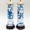 Pair of Chinese Blue and White Porcelain Cylindrical Vases Mounted as a Lamps