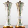 Pair of English Green and Gilt Opaline Glass Tapered Vases Mounted as Lamps