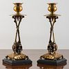 Pair of Brass and Bronze Skull Candlesticks on Marble Bases