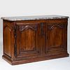 Pair of Louis XV Style Provincial Carved Walnut Marble Top Side Cabinets