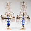 Pair of Swedish Brass and Blue Glass Three-Light Candelabra