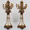 Pair of Louis XVI Style Ormolu-Mounted and Patinated-Bronze Seven-Light Candelabra