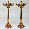 Pair of Large Charles X Ormolu and Patinated-Bronze Seven-Light Candelabra on Marble Bases