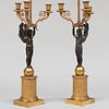 Pair of Empire Style Gilt and Patinated Bronze Three-Light Figural Candelabra