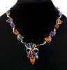 18 kt yellow gold necklace with amethysts, citrines, topazes and diamonds, brilliant cut