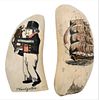 Two Whales Teeth later scrimshawed with one having ship length 6 inches the other having a sailor holding a sextant titled Navigator length 5 inche