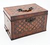 Inlaid Mahogany Work Box
having parquetry and flower inlaid design, original paper interior, small drawer on one side
veneer chip to top
Height 5 inch