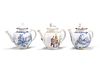 THREE ROYAL WORCESTER MINIATURE TEAPOTS, including two blue and white. (3) 