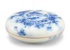 A CHINESE BLUE AND WHITE PASTE SEAL BOX, circular, painted with a butterfly