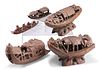 FOUR VARIOUS CHINESE CARVED BAMBOO MODELS OF SAMPAN FISHING BOATS, each wit