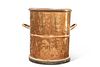A 19TH CENTURY COPPER TWO HANDLED BARREL, cylindrical, with oak lid. 49cm h