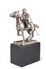A CHROME PLATED FIGURE OF A POLO PLAYER ON HORSEBACK, on a textured rectang