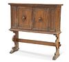 A CONTINENTAL INLAID WALNUT CABINET ON STAND, the panelled cabinet with a p