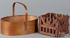 Shaker swing-handled sewing basket, 19th c., 3 7/8'' h., 10 3/4'' w., together with a tramp art basket