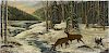 Oil on canvas winter landscape, 20th c., with deer, signed M. Hileman, 24'' x 48''.