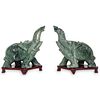 (2 Pc) Green Hard Stone Carved Elephant Figures