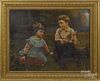 American oil on canvas, 19th c., of a girl and boy, 22'' x 28''.