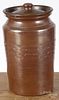 Redware lidded crock, 19th c., with incised banding, 9 3/4'' h.