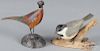 Wendell H. Gilley, carved and painted pheasant, 4'' h., together with a songbird on a perch