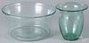 Blown aqua glass bowl and vase, mid 19th c., 4 1/8'' h., 8 1/2'' dia. and 5 1/8'' h.