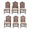 Juego de 4 sillas y 2 sillones. SXX Estilo Luis XV Elaborados en madera. Con respaldos de bejuco tejido y asientos en tapicería de tela