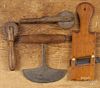 Two wood jagging wheels, 19th c., together with a slaw cutter and chopper.