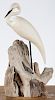 Contemporary carved and painted egret mounted on driftwood, branded W, 21 1/2'' h.