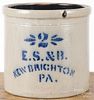 Pennsylvania two-gallon stoneware crock, 19th c., inscribed E. S. & B. New Brighton PA., 9'' h.