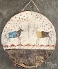 Native American Indian painted drum, 20th c., with deer and buffalo decoration, 13 3/4'' dia.