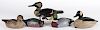 Five contemporary carved and painted duck decoys, one signed Bryant, one signed Bob Biddle
