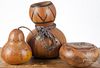 Three carved and decorated Hawaiian gourds, 20th c., tallest - 14''.