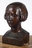 Carved oak bust of a young woman, mid 20th c., 13 1/2'' h.