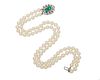Double Strand Pearl Necklace with Platinum, Emerald, and Diamond Clasp