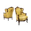 Pair of French Louis XV Gold Silk Wingback Chairs