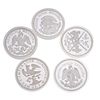 Cinco monedas de 5 onzas de plata ley .999. FUSION DE DOS CULTURAS. Peso: 776.6 g.