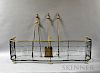Three Brass Fireplace Tools and a Wirework and Brass Fireplace Fender