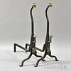 Pair of Brass and Wrought Iron Goose-neck Andirons